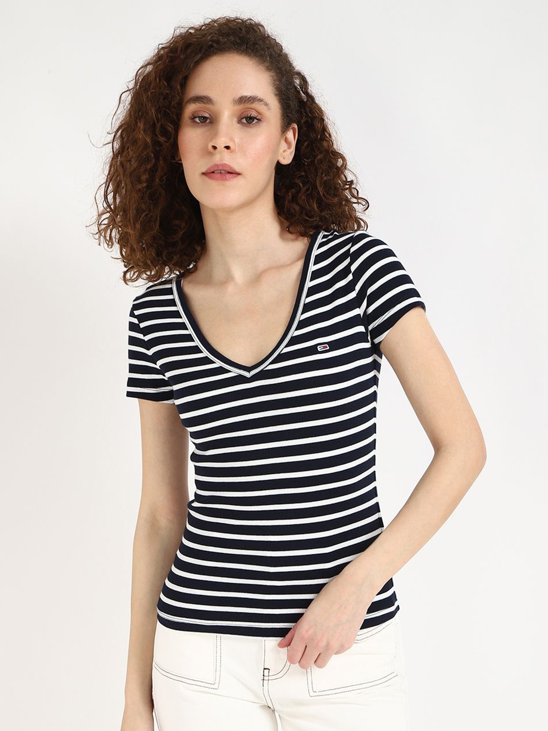 

Tommy Hilfiger Women Striped V-Neck Cotton T-shirt, Black