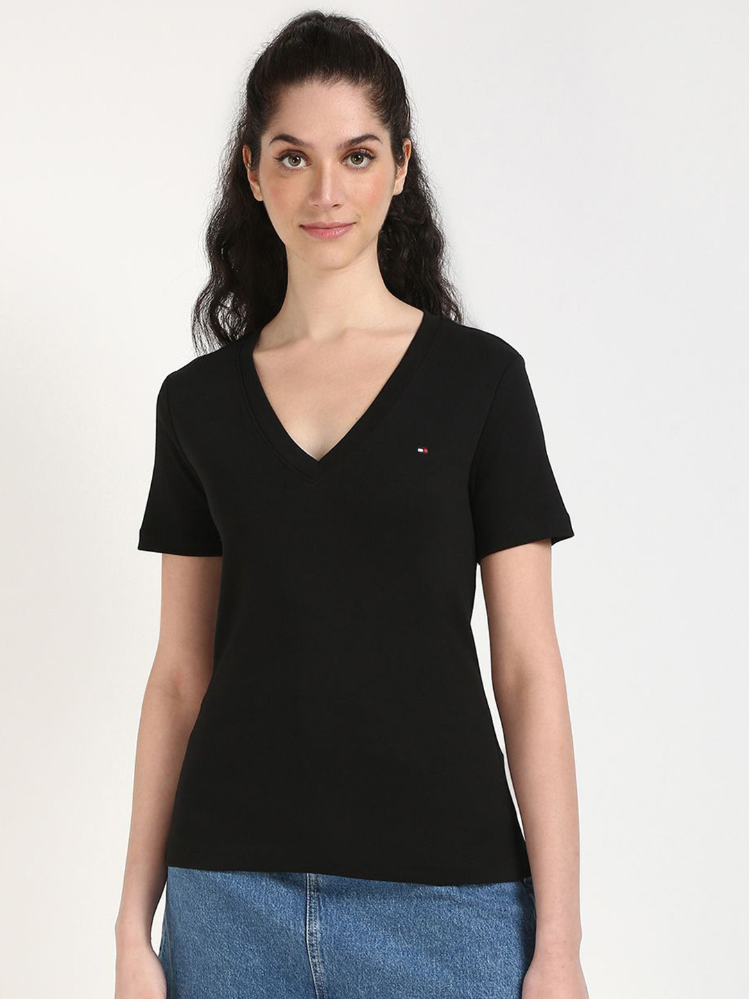 

Tommy Hilfiger Women Solid V-Neck Cotton T-shirt, Black