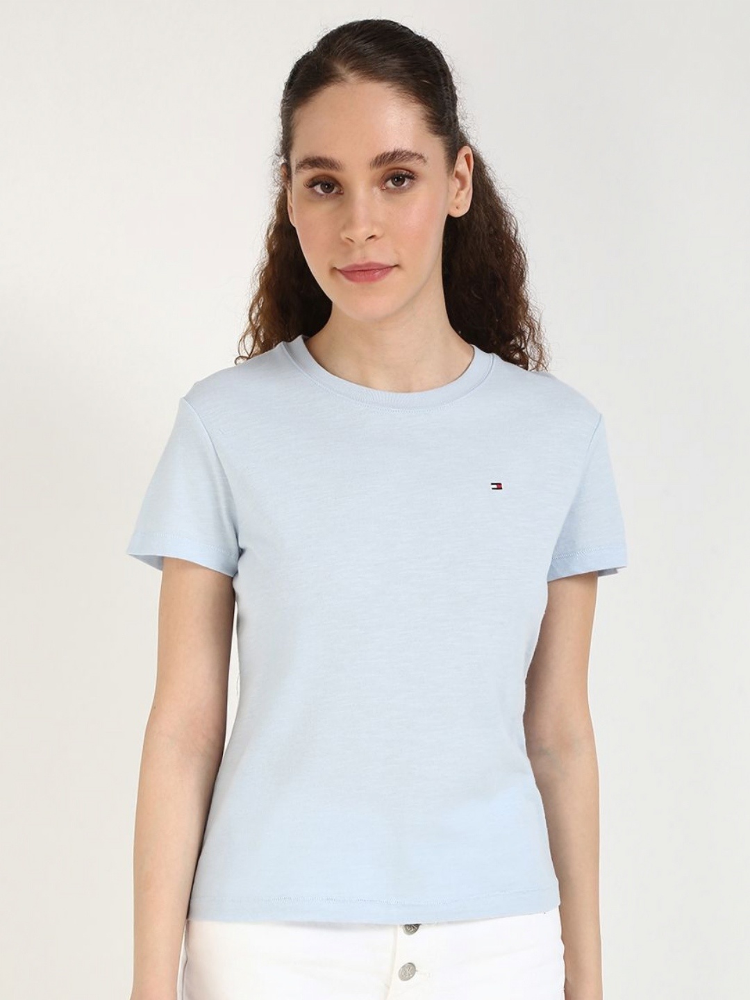 

Tommy Hilfiger Women Solid Round Neck Cotton T-shirt, Blue