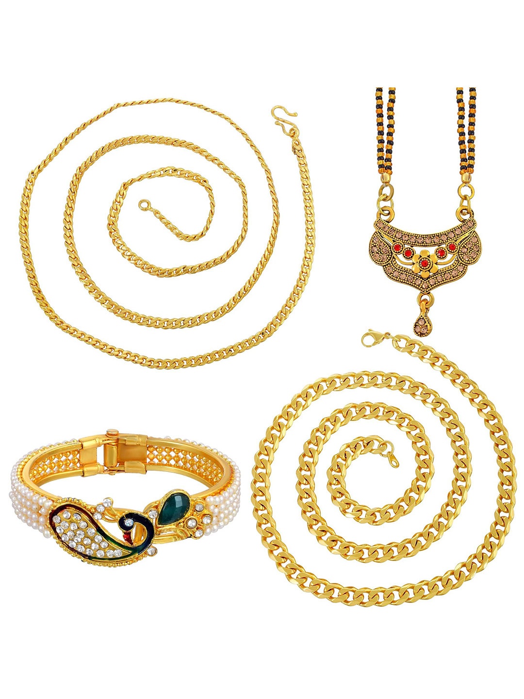 

MEMOIR Pack Of 4 Brass-Plated Necklace & Mangalsutra With Kada Set, Gold