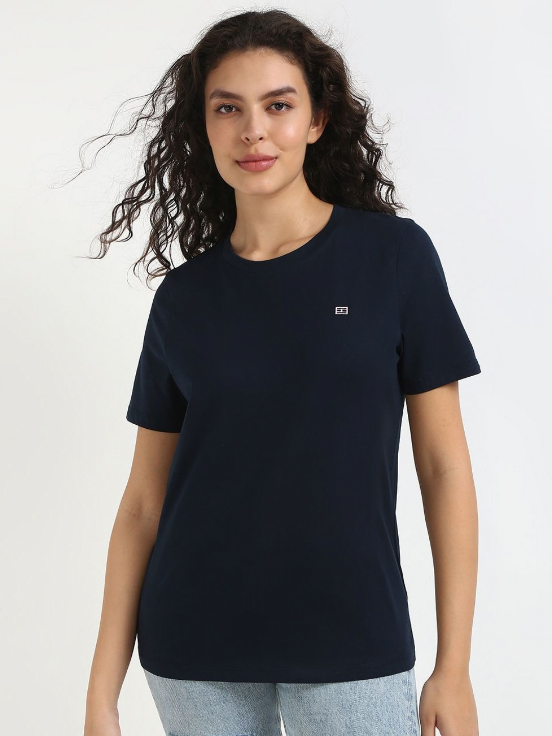 

Tommy Hilfiger Women Solid Round Neck Cotton T-shirt, Navy blue