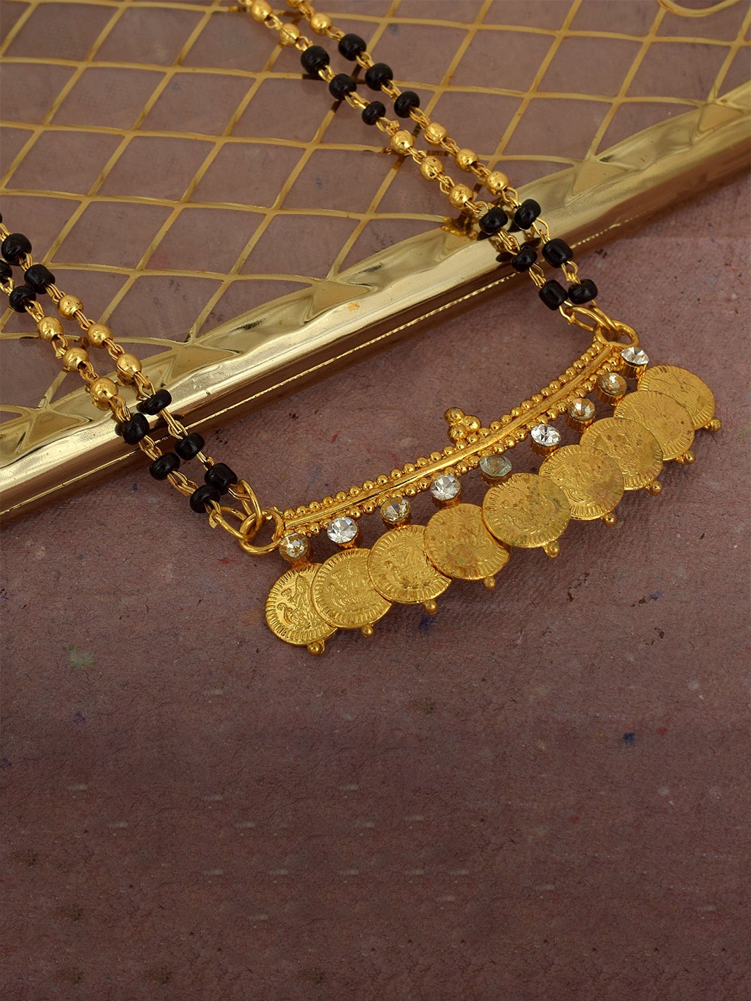 

MEMOIR Gold-Plated Cubic Zirconia Stone Studded & Beaded Mangalsutra