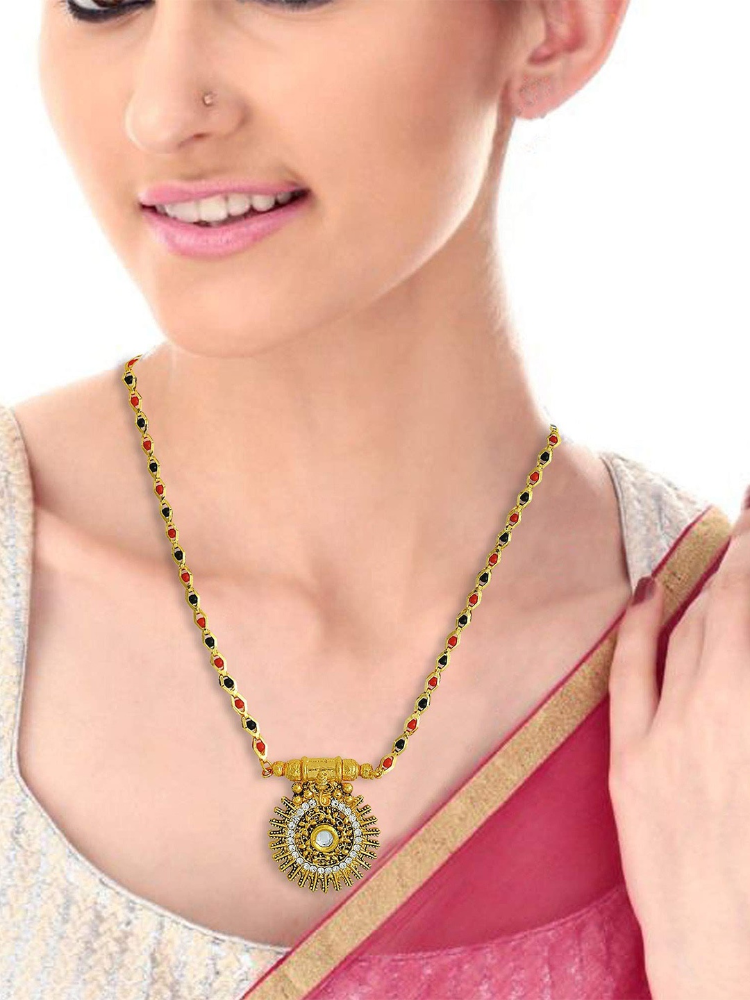 

MEMOIR Gold-Plated Cubic Zirconia Studded & Beaded Mangalsutra