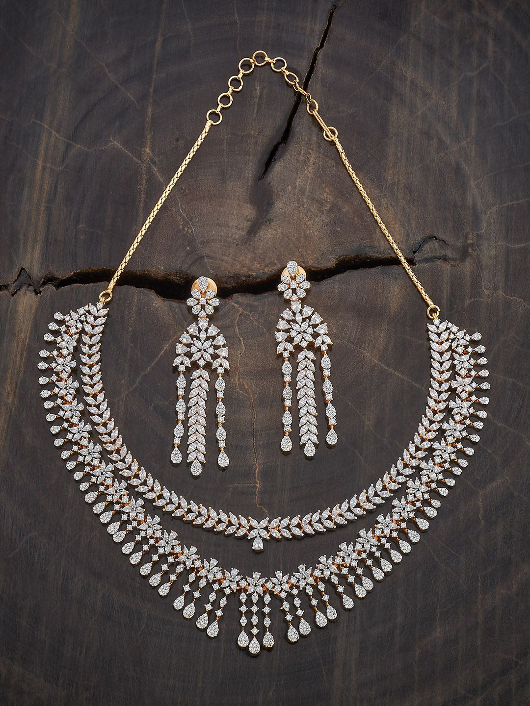 

Kushal's Fashion Jewellery Rhodium Plated Cubic Zirconia Studded Layered Jewellery Set, Silver