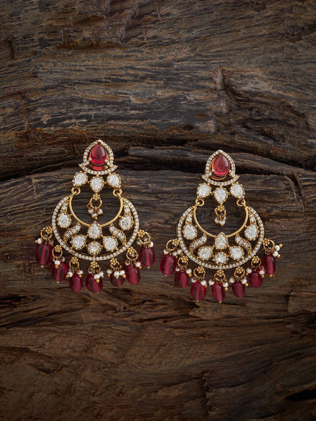 

Kushal's Fashion Jewellery Gold Plating Contemporary Chandbalis Kundan Earrings, Red