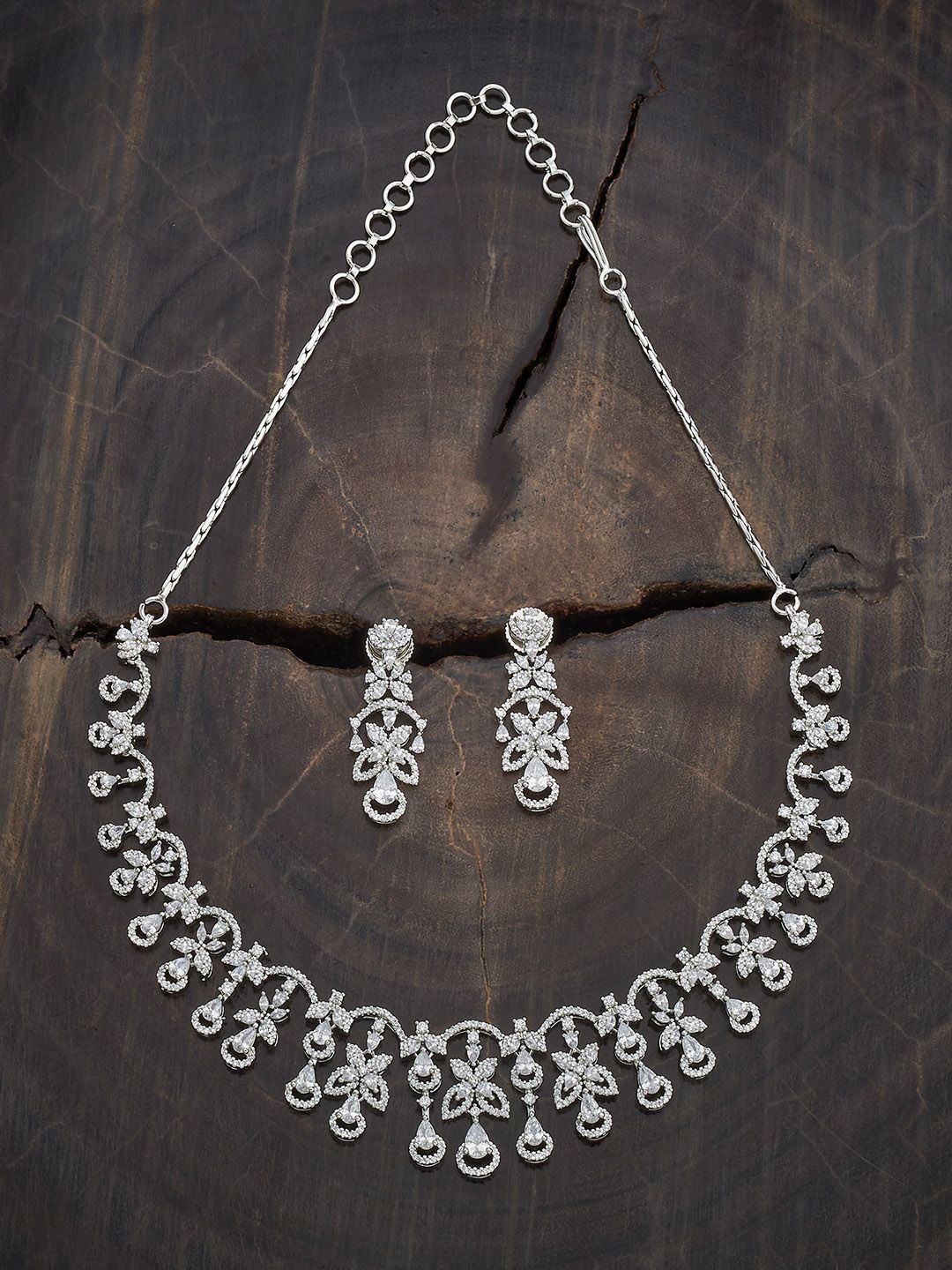 

Kushal's Fashion Jewellery Rhodium-Plated Cubic Zirconia-Studded Jewellery Set, Silver