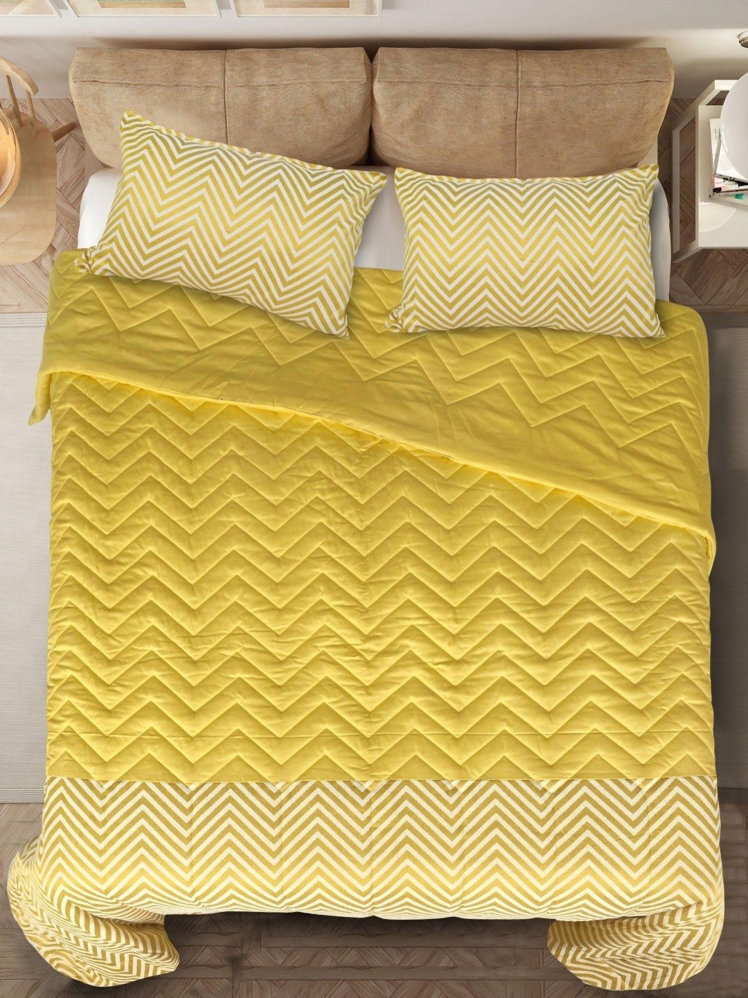 

Saral Home Yellow Geometric Cotton 400GSM Reversible Double Bed Quilt With 2 Pillow Covers