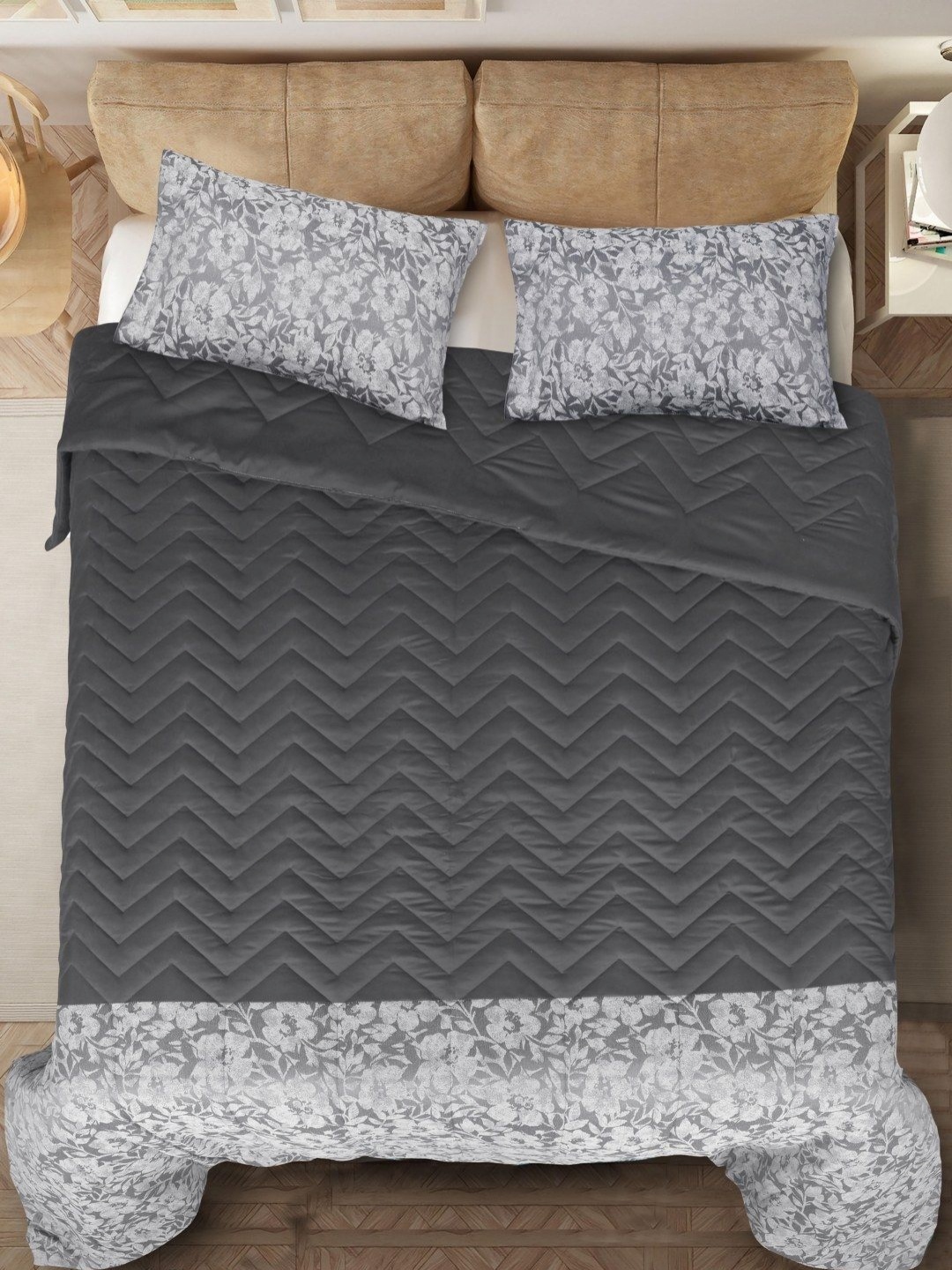 

Saral Home Grey Floral Cotton 400 GSM Reversible Double Bed Quilt with 2 Pillow Covers