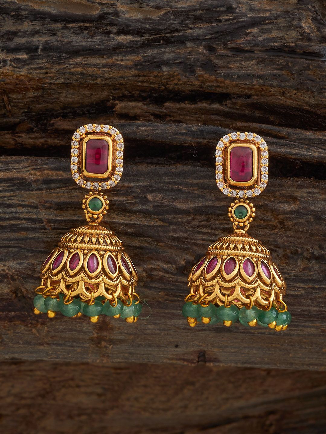 

Kushal's Fashion Jewellery Gold Plating Dome Shaped Ruby Antique Jhumkas Earrings