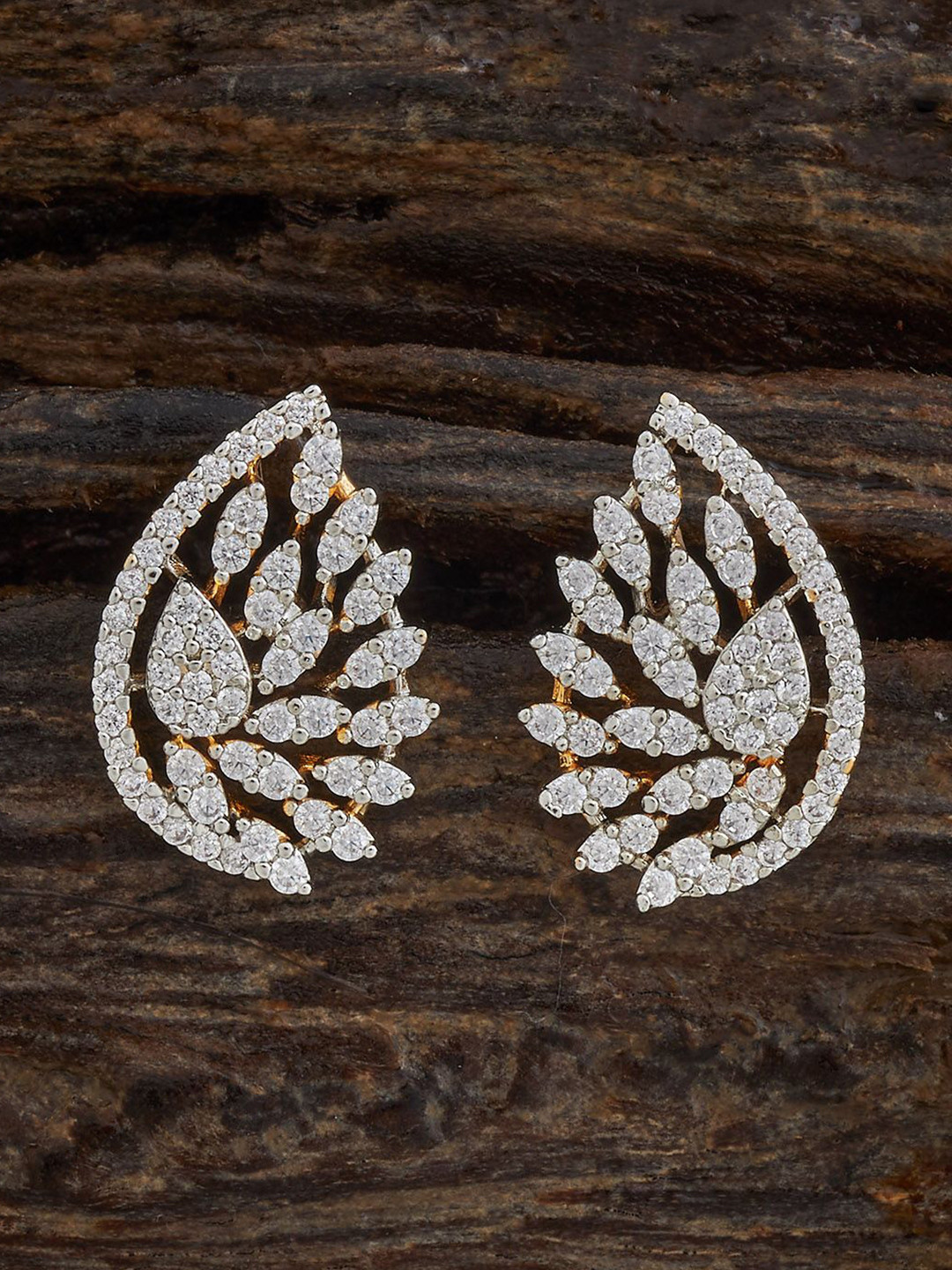

Kushal's Fashion Jewellery Rhodium-Plated Zircon Stone Studded Geometric Studs, Gold