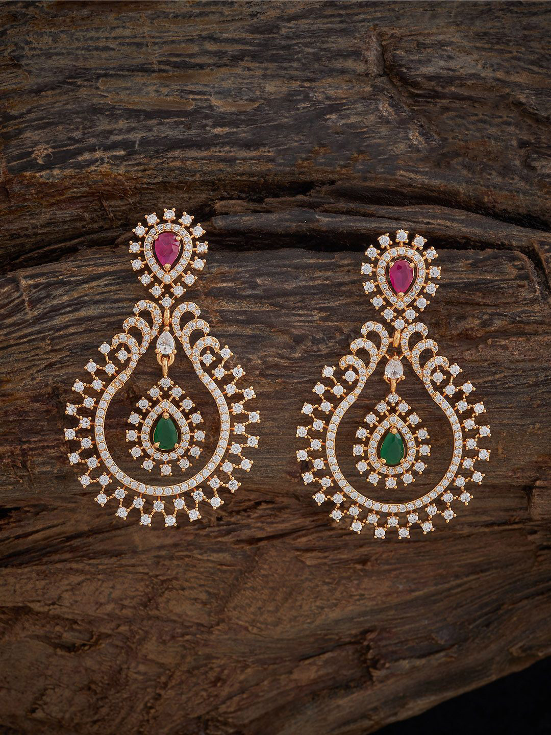 

Kushal's Fashion Jewellery Gold-Plated Zircon Stone Studded Teardrop Shaped Drop Earrings