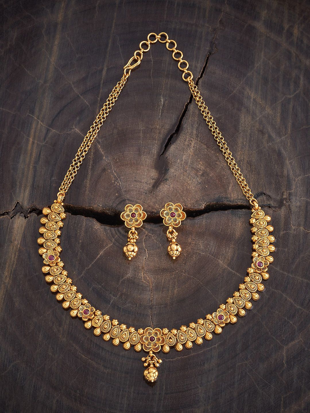 

Kushal's Fashion Jewellery Gold-Plated Stones Studded Antique Necklace & Earrings