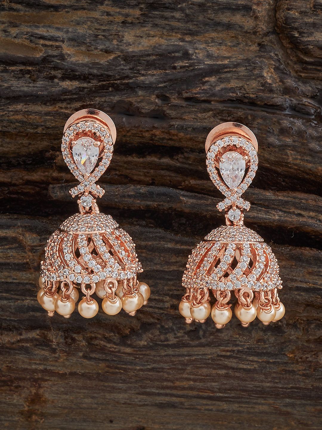 

Kushal's Fashion Jewellery Rose Gold-Plated Zircon Stone Studded Dome Shaped Jhumkas