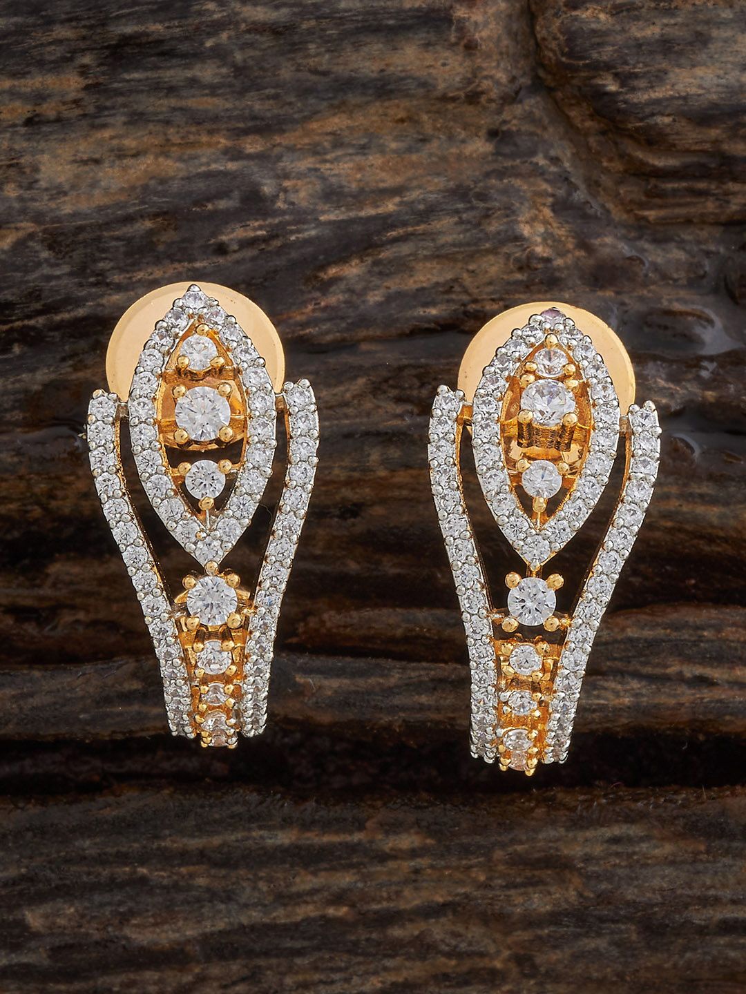 

Kushal's Fashion Jewellery Rhodium-Plated Zircon Stone Studded Geometric Studs, Gold