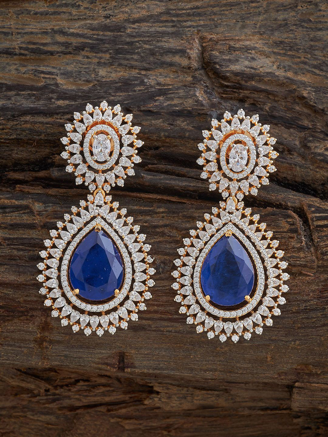 

Kushal's Fashion Jewellery Rhodium-Plated Zircon Stone Studded Drop Earrings, Gold