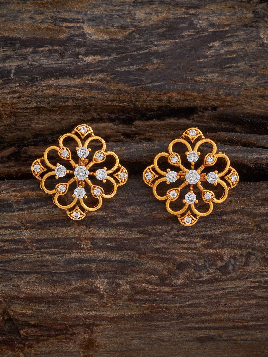 

Kushal's Fashion Jewellery Gold-Plated Zircon Stone Studded Antique Floral Studs