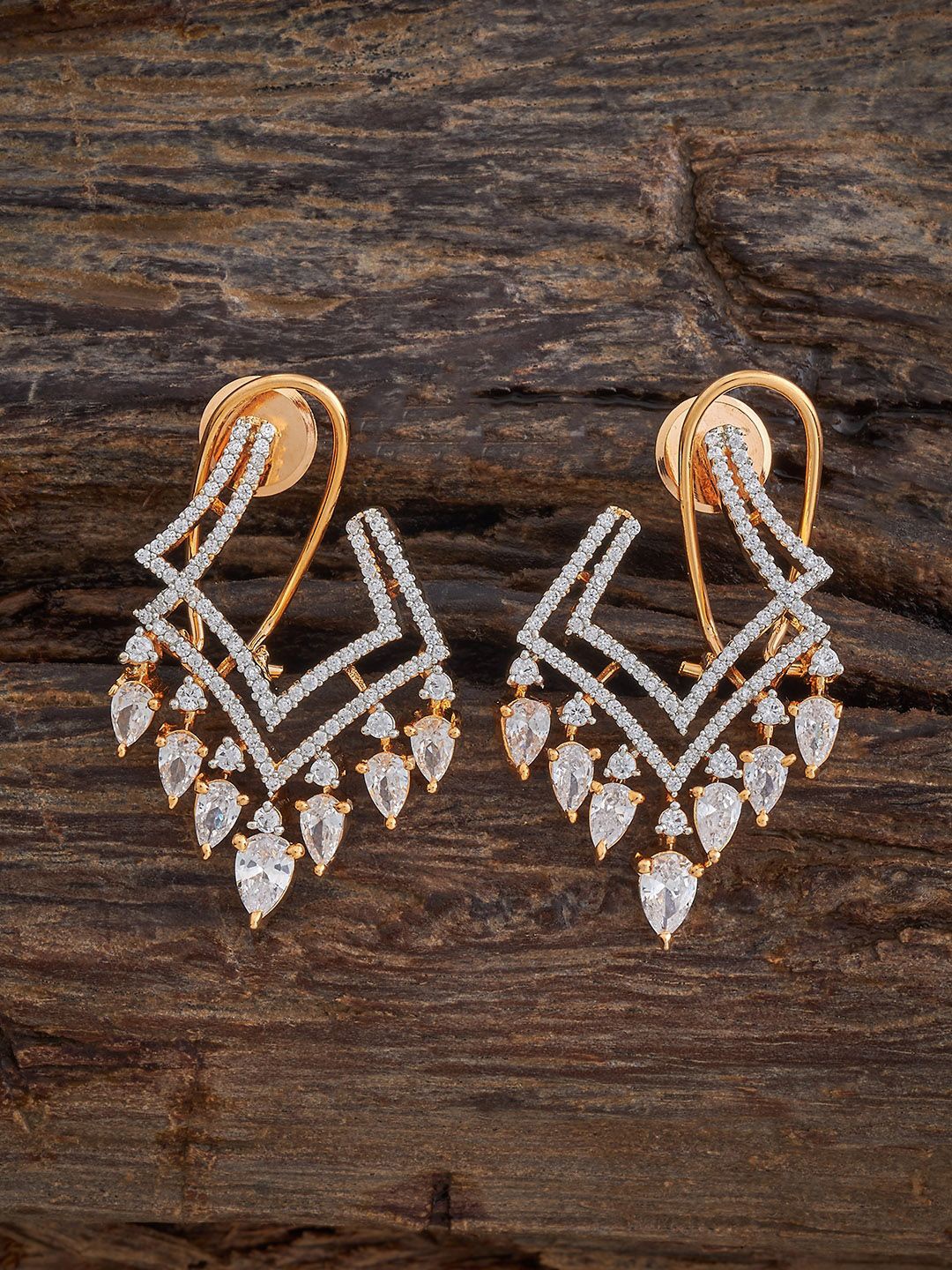 

Kushal's Fashion Jewellery Rhodium-Plated Zircon Stone Studded Geometric Studs, Copper