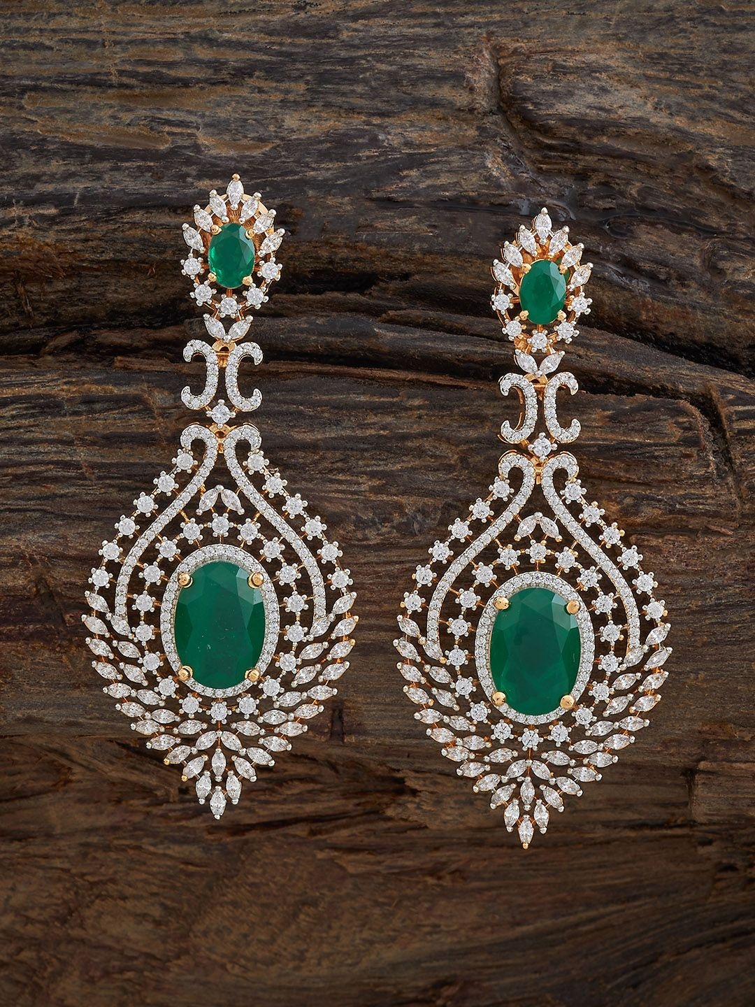 

Kushal's Fashion Jewellery Rhodium-Plated Zircon Stone Studded Drop Earrings, Gold