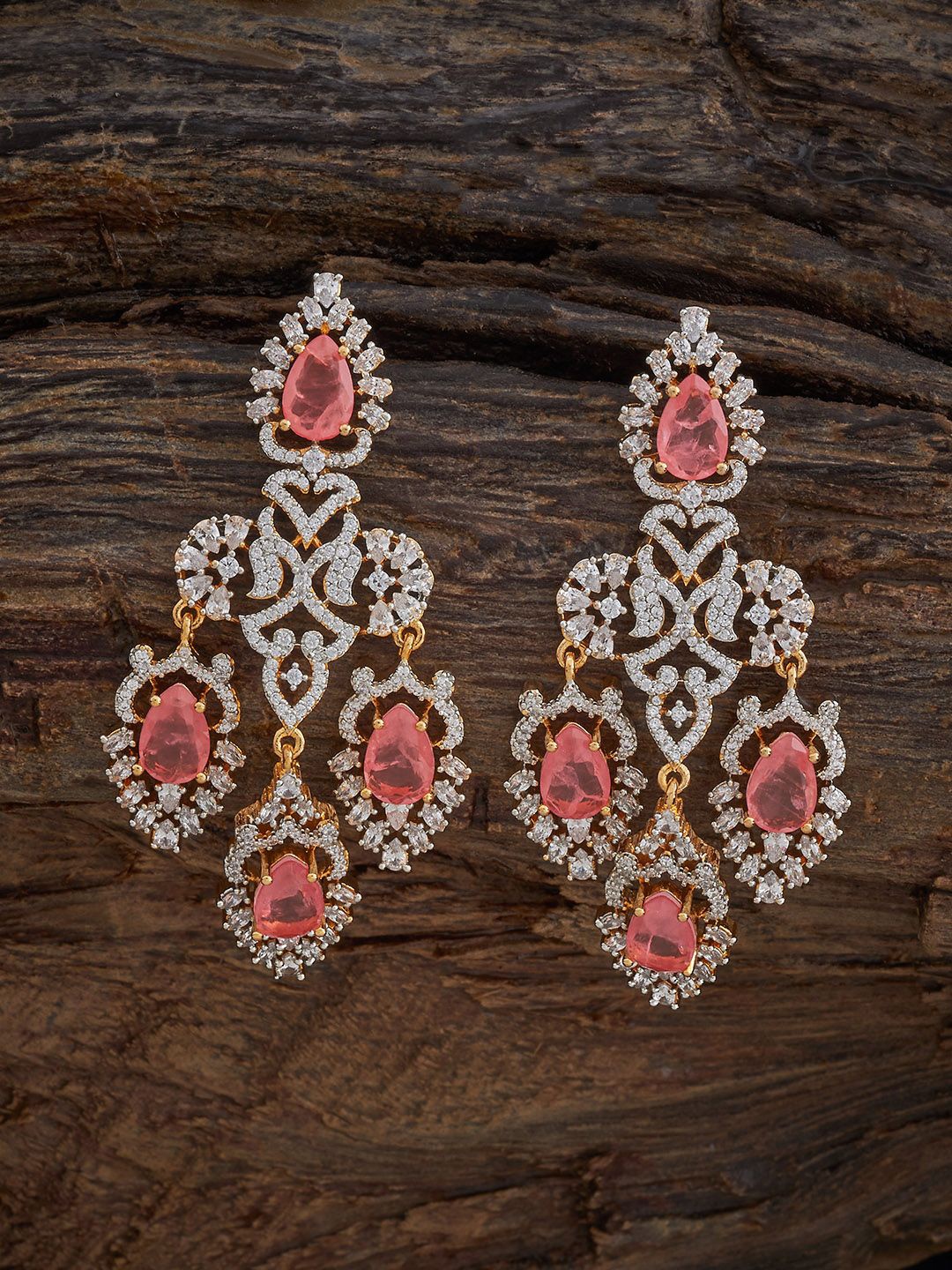 

Kushal's Fashion Jewellery Rhodium-Plated Zircon Stone Studded Contemporary Drop Earrings, Gold