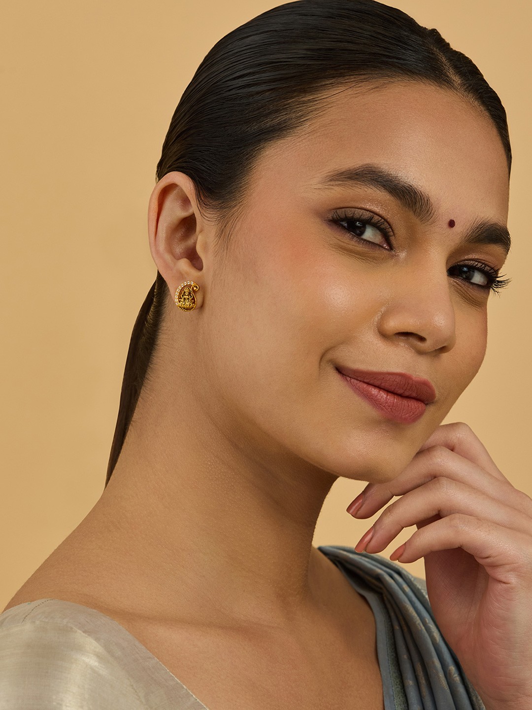 

Kushal's Fashion Jewellery 92.5 Sterling Silver Gold-Plated Temple Paisley Shaped Studs
