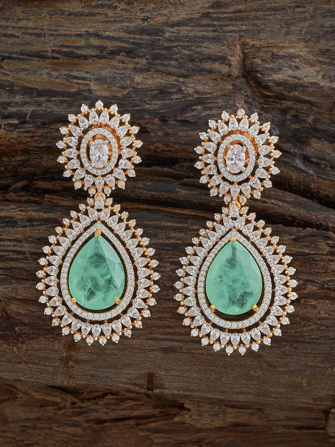 

Kushal's Fashion Jewellery Rhodium-Plated Zircon Stone Studded Drop Earrings, Gold