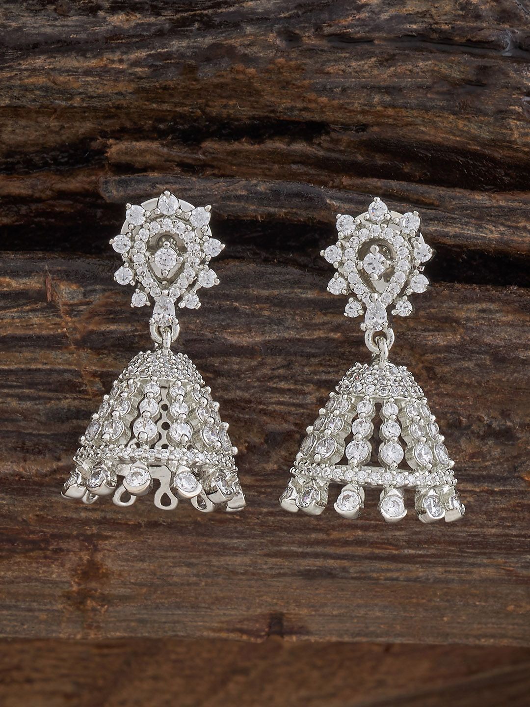 

Kushal's Fashion Jewellery Rhodium-Plated Zircon Stone Studded Dome Shaped Jhumkas, White