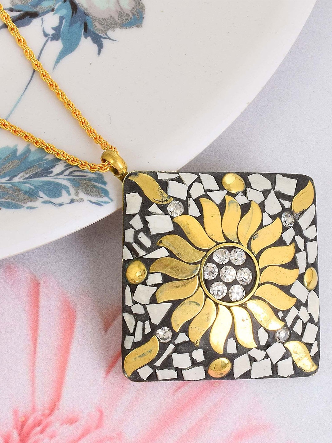 

MEMOIR Unisex Gold Plated Stone Studded Square Charm Pendant With Chain
