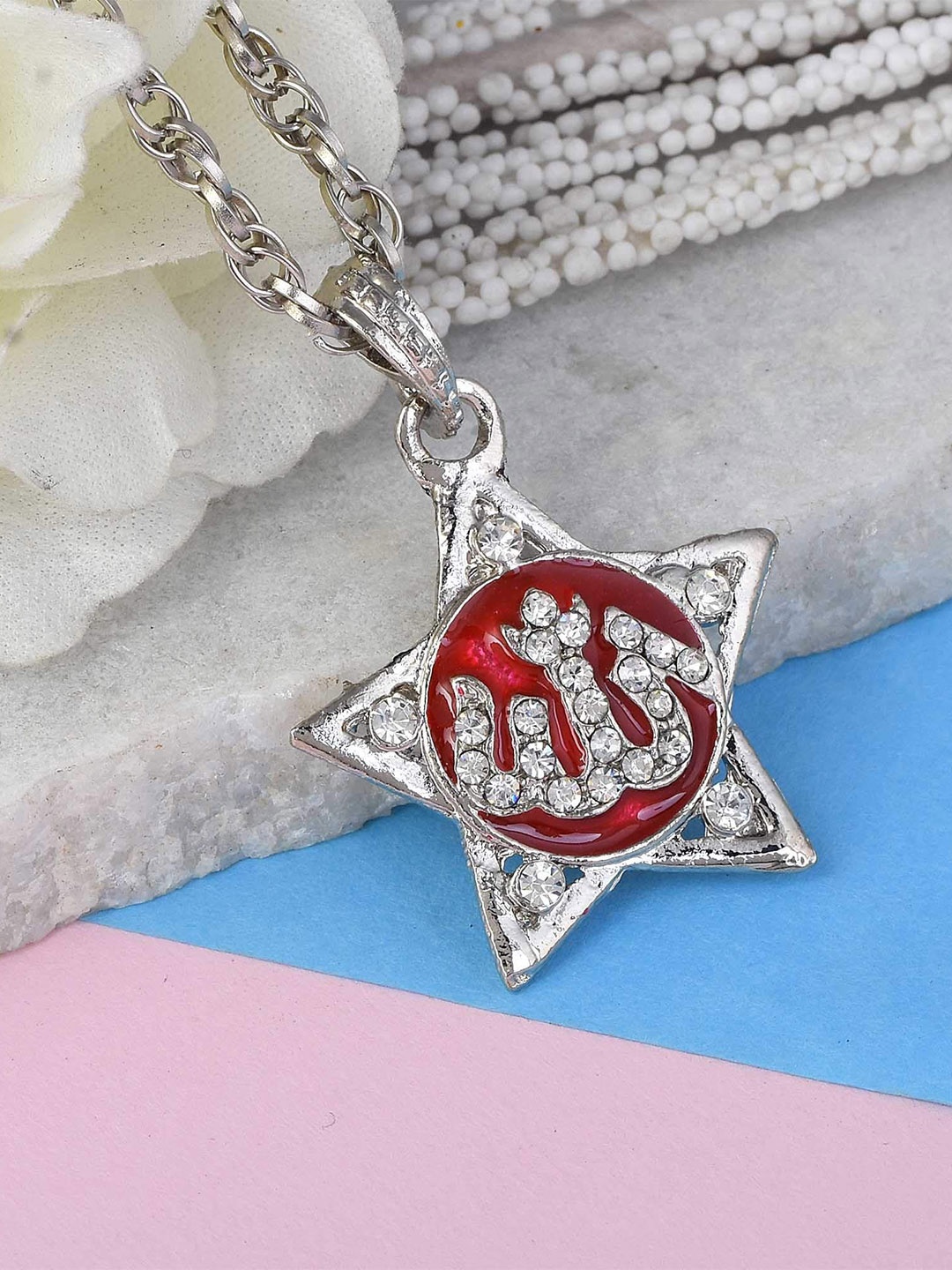 

MEMOIR Unisex Silver-Plated Enamelled CZ Stone Studded Pendant With Chain