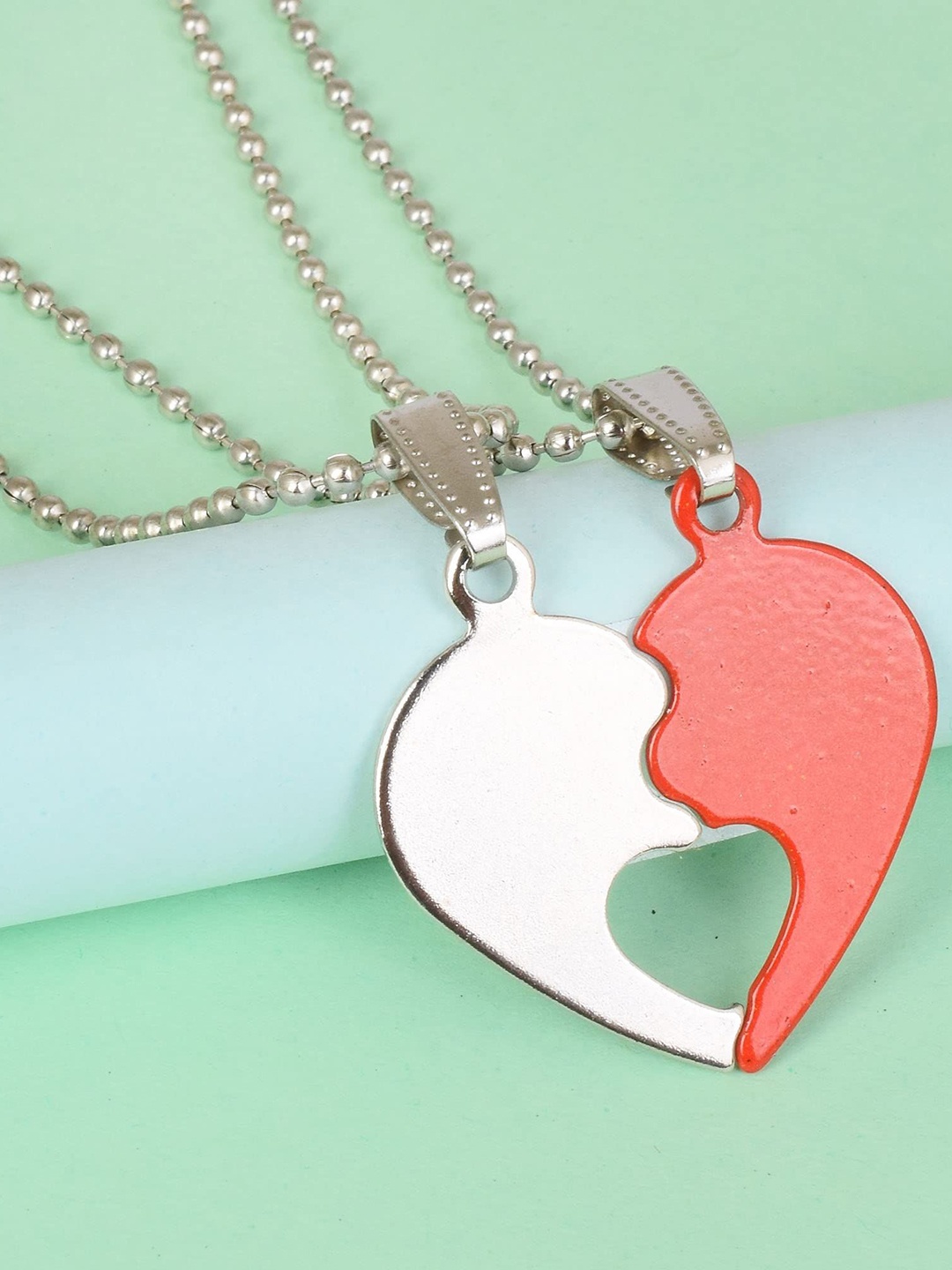 

MEMOIR Set Of 2 Silver Plated 2 Parts Of Heart Shaped Pendant With Chain