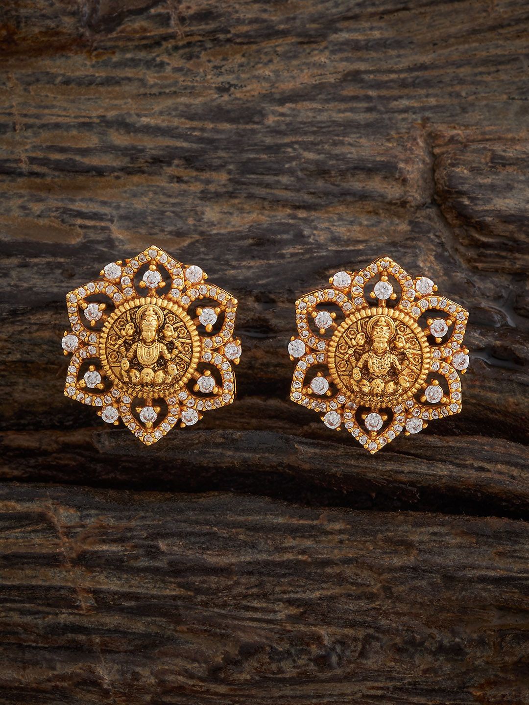 

Kushal's Fashion Jewellery Gold-Plated Zircon Stone Studded Antique Geometric Studs