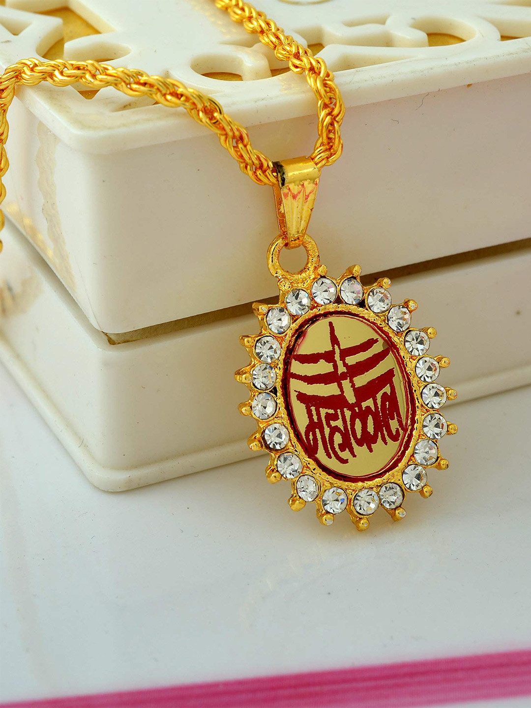 

MEMOIR Unisex Gold-Plated CZ Stone Studded Pendant With Chain