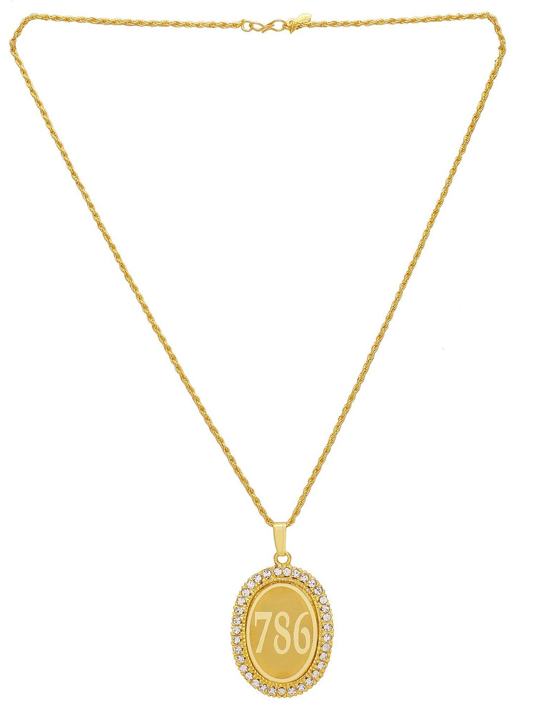 

MEMOIR Unisex Brass-Plated Stone Studded Oval Pendant With Chain, Gold