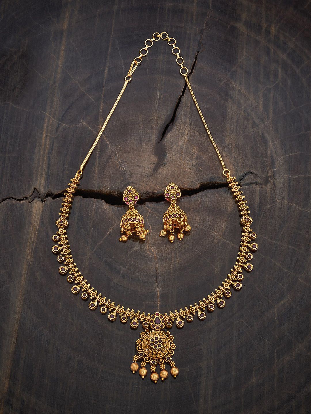 

Kushal's Fashion Jewellery Gold-Plated Stones Studded Antique Jewellery Set