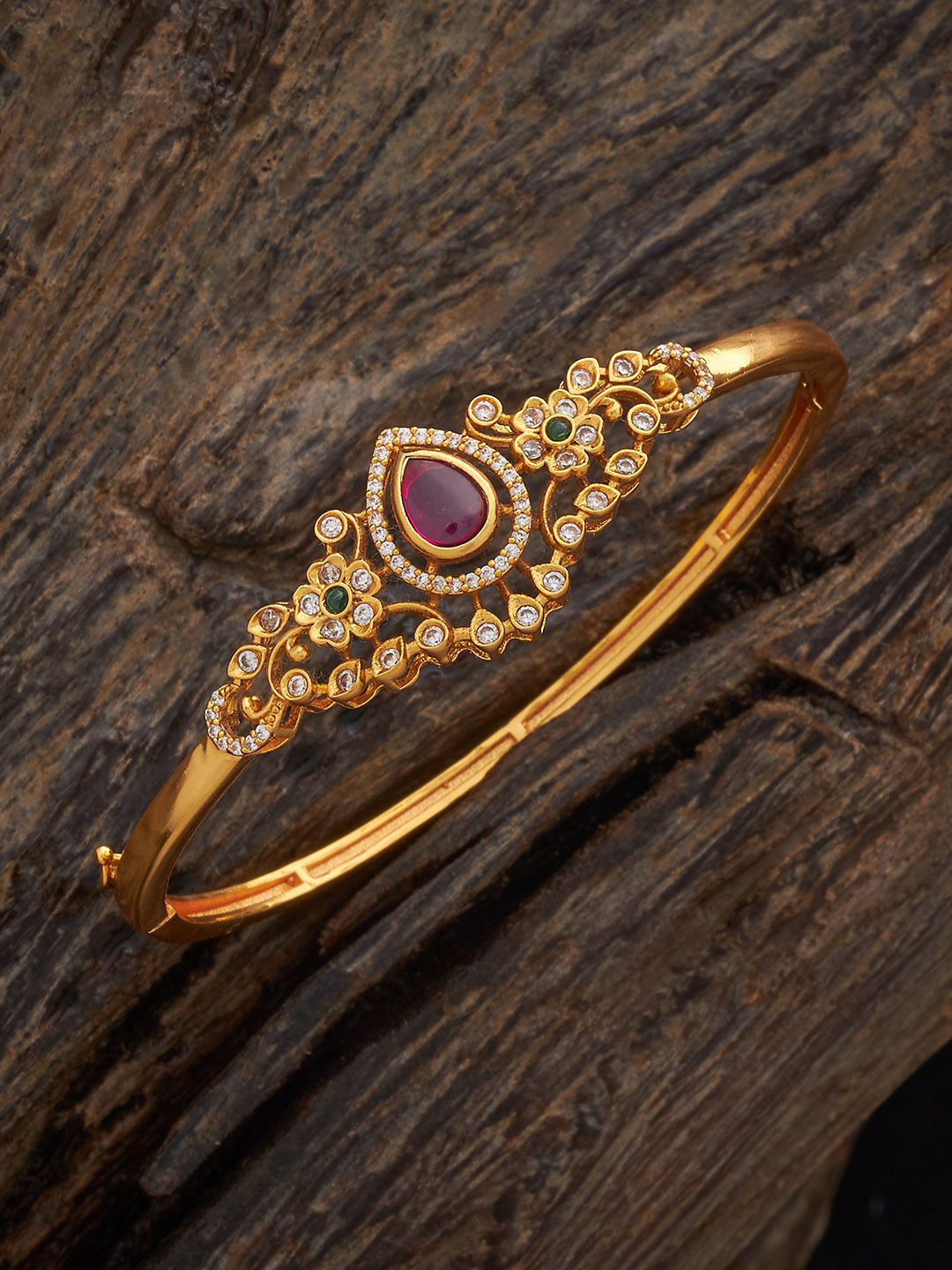 

Kushal's Fashion Jewellery Gold-Plated Stone-Studded Antique Kada Bracelet