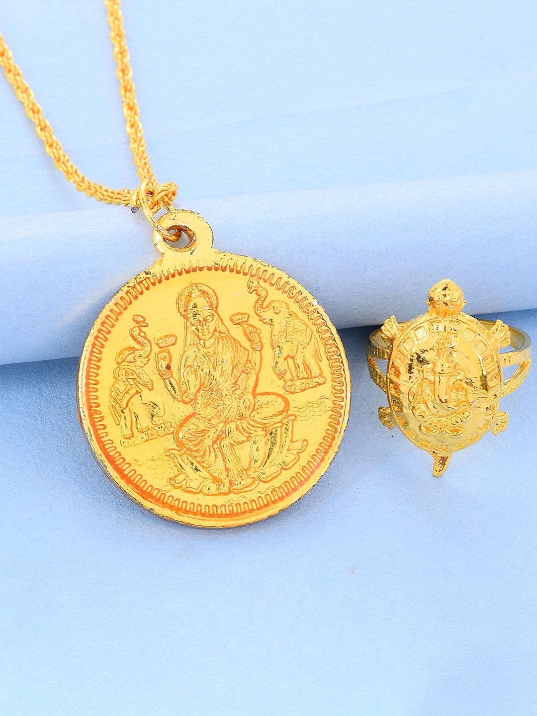 

MEMOIR Unisex Brass-Plated Circular Lord Lakshmi Necklace and Ring, Gold