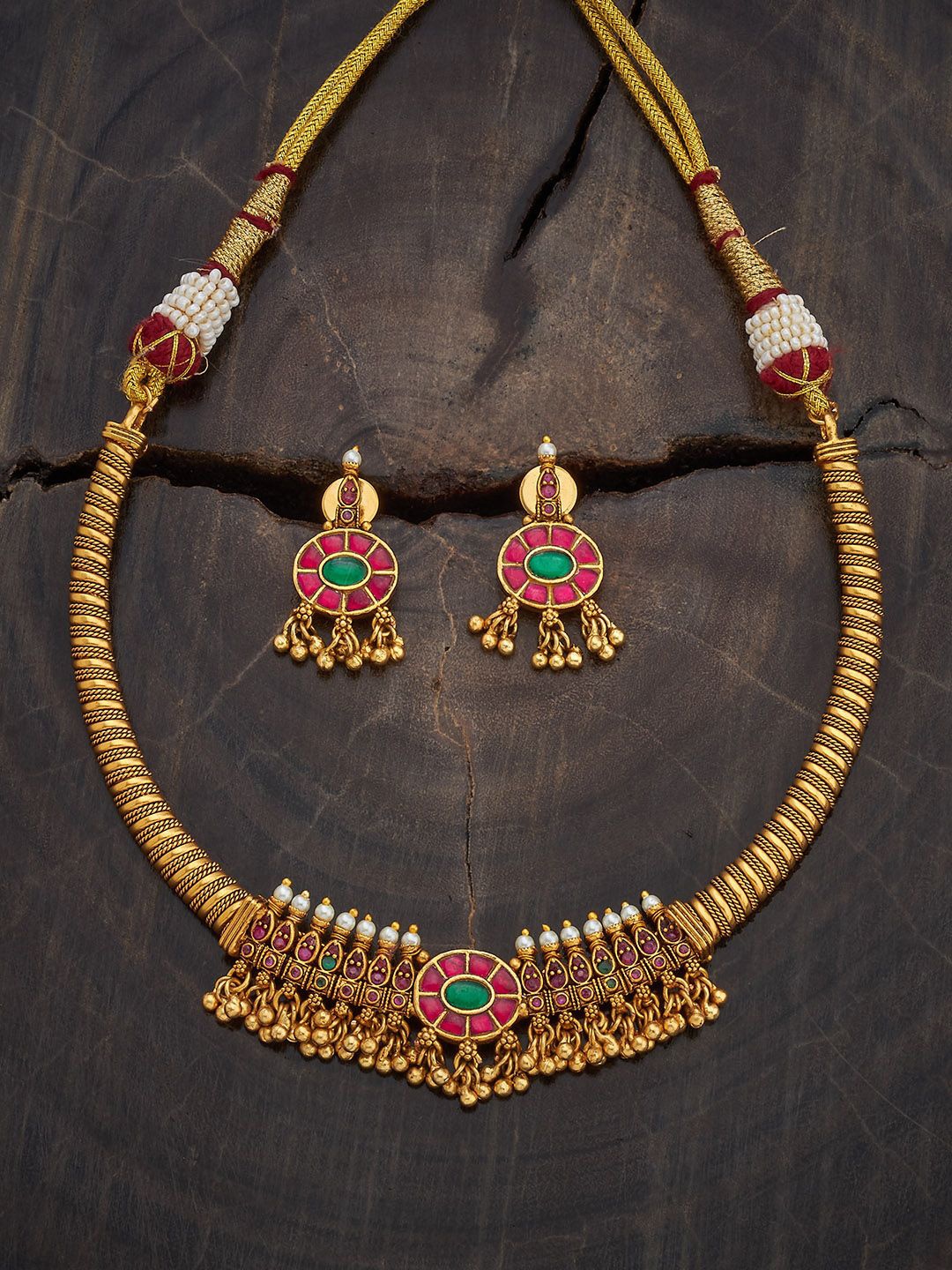 

Kushal's Fashion Jewellery Gold-Plated Stones Studded Antique Jewellery Set