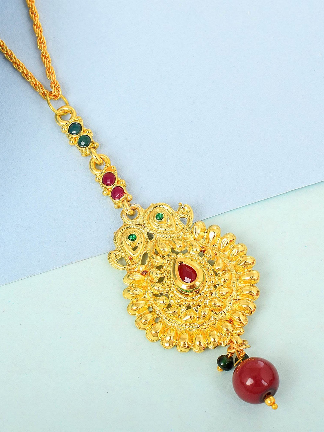 

MEMOIR Unisex Gold Plated Ruby & Cubic Zirconia Studded Pendant With Chain