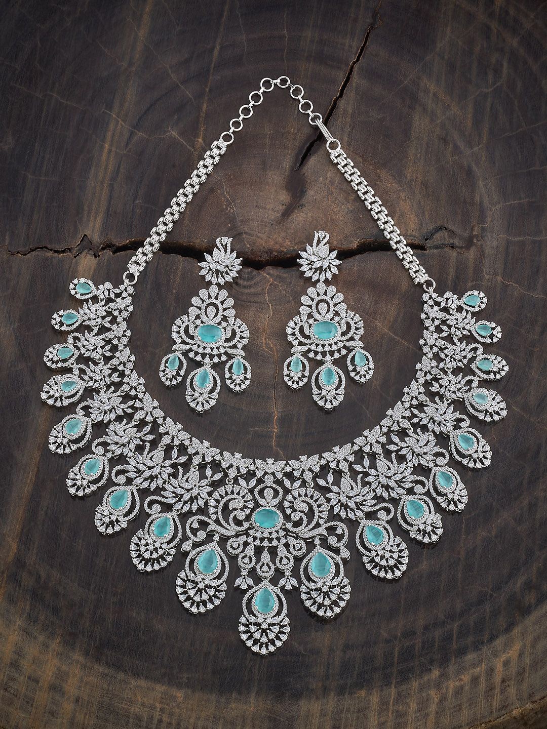 

Kushal's Fashion Jewellery Rhodium-Plated CZ Studded Jewellery Set, Silver