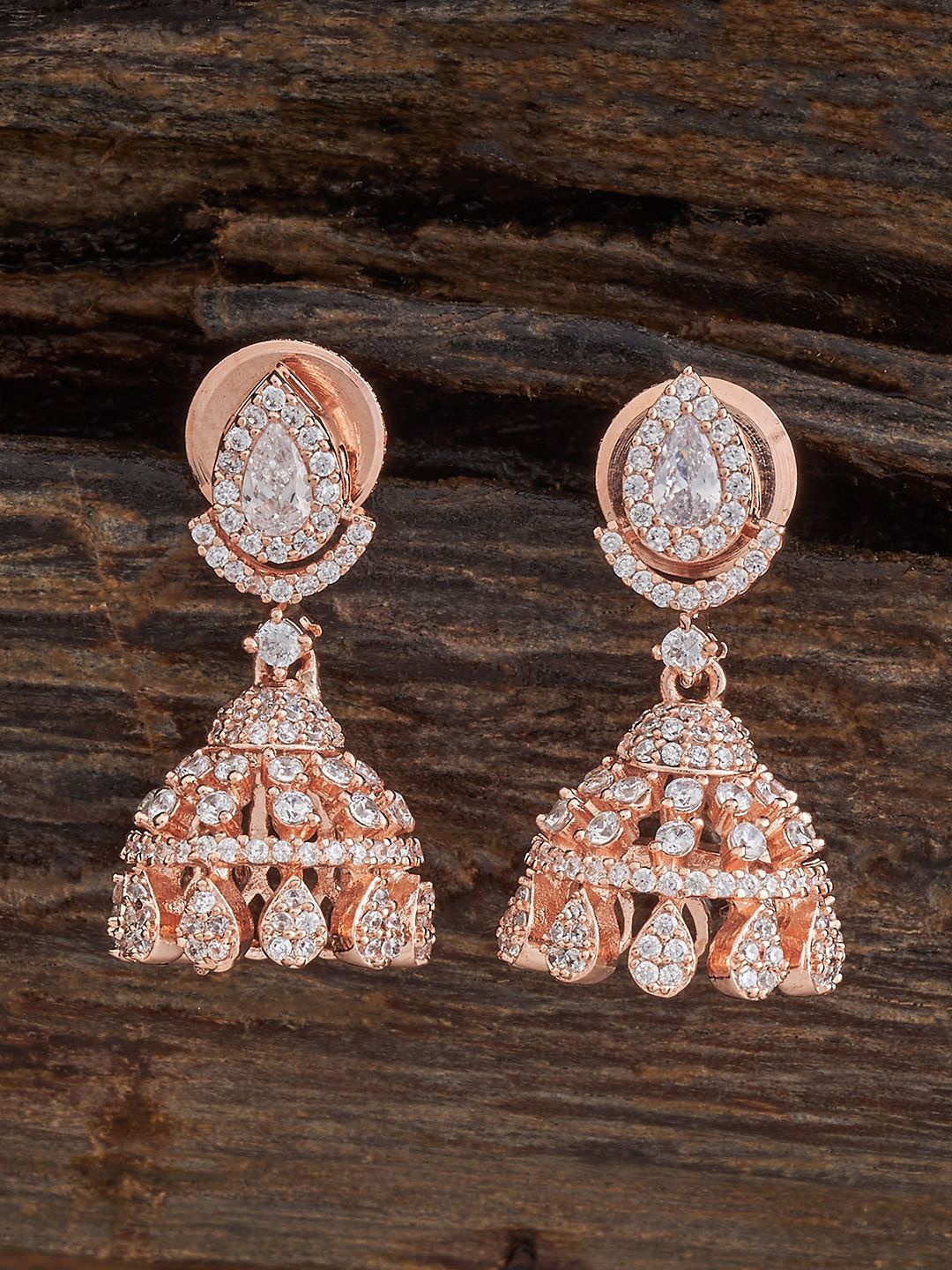 

Kushal's Fashion Jewellery Rose Gold-Plated Zircon Studded Dome Shaped Jhumkas