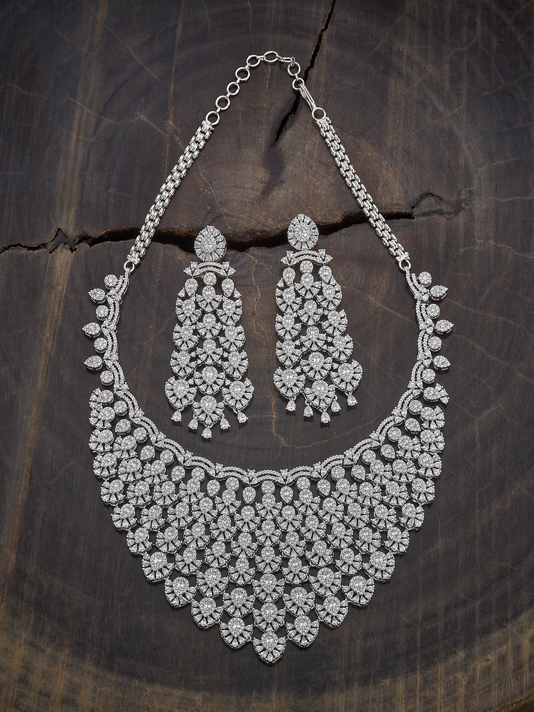 

Kushal's Fashion Jewellery Rhodium-Plated CZ Studded Jewellery Set, Silver