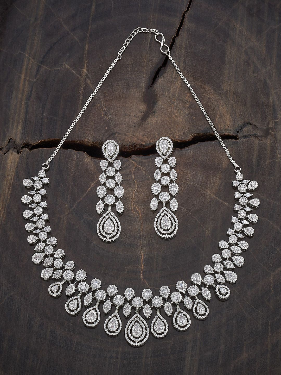 

Kushal's Fashion Jewellery Rhodium-Plated Cubic Zirconia Studded Jewellery Set, Silver