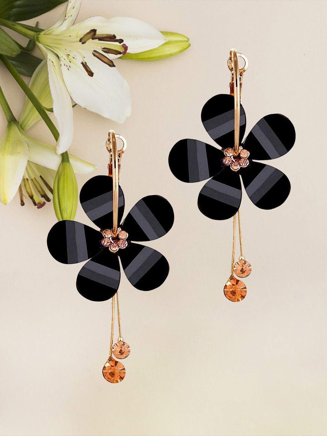 

DIVASTRI Gold-Plated Artificial Stones Studded Floral Drop Earrings