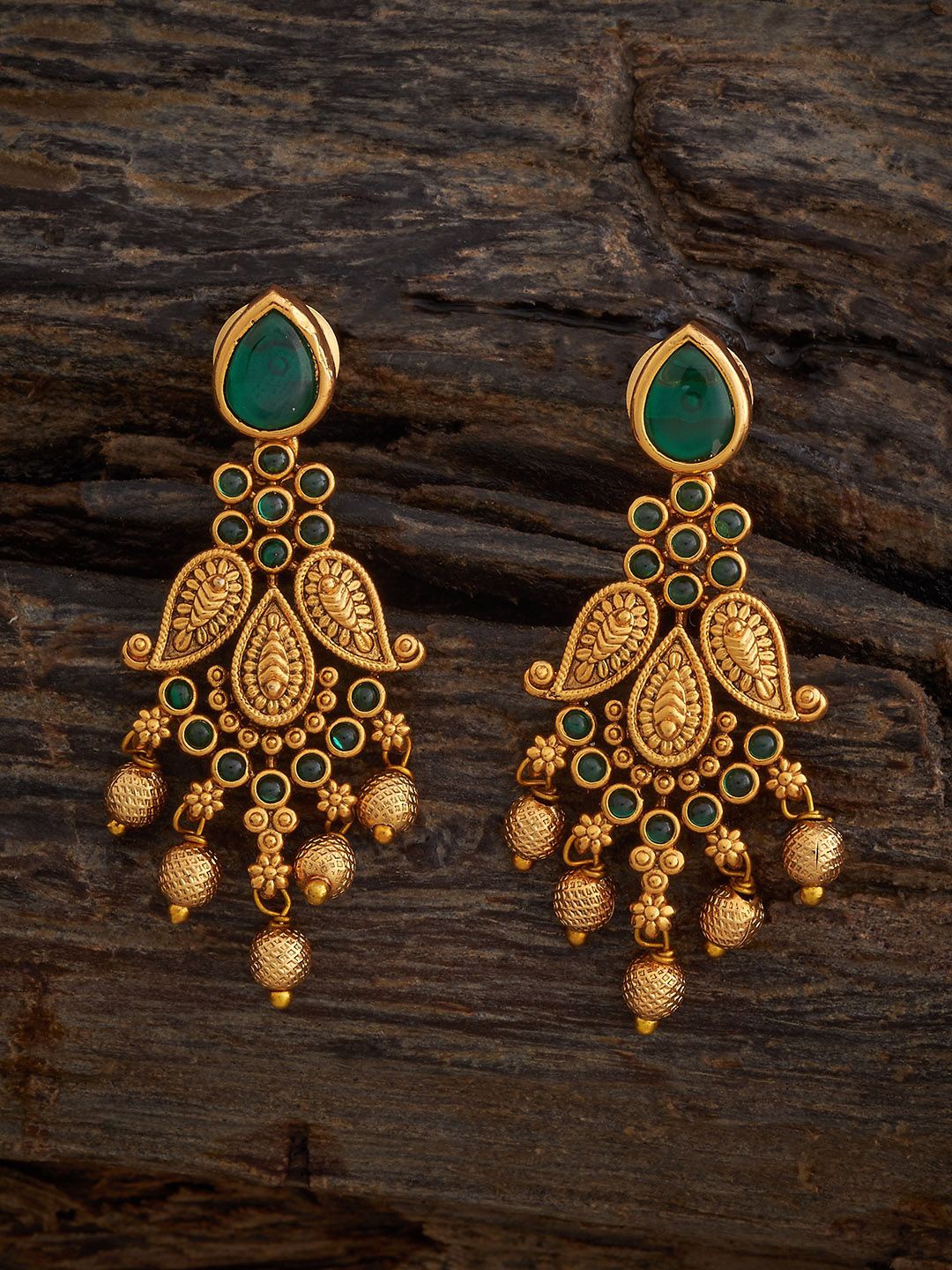 

Kushal's Fashion Jewellery Gold-Plated Contemporary Stone Studded Antique Drop Earrings