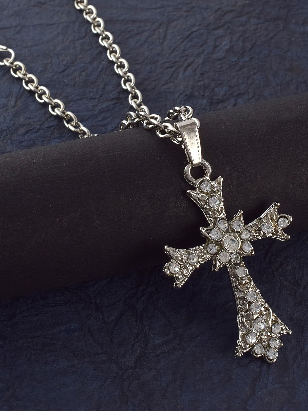 

MEMOIR Silver-Plated Artificial Stones Studded Jesus Holy Cross Pendant With Chain