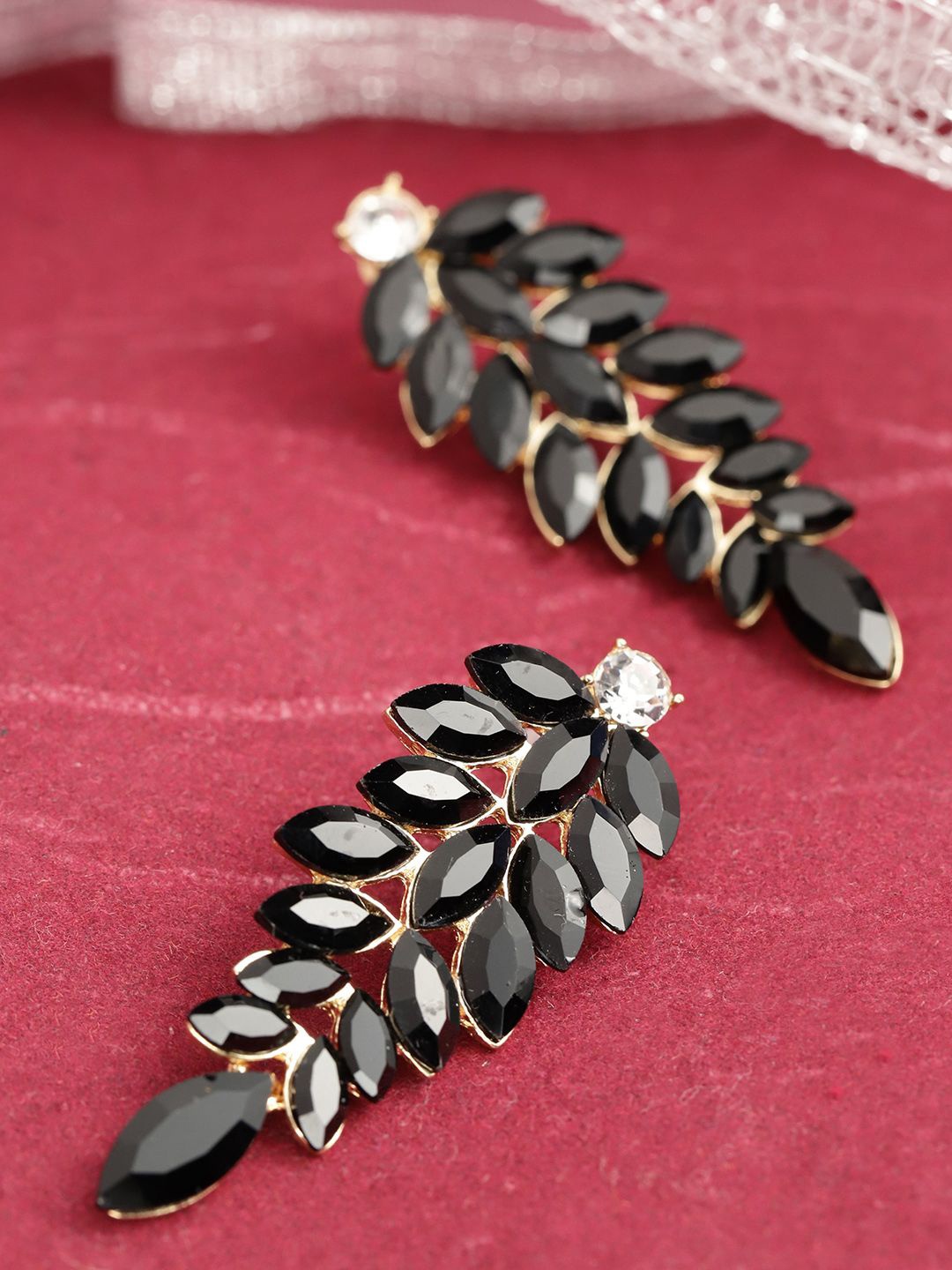 

DIVASTRI Gold-Plated Artificial Stones Studded leaf Drop Earrings, Black