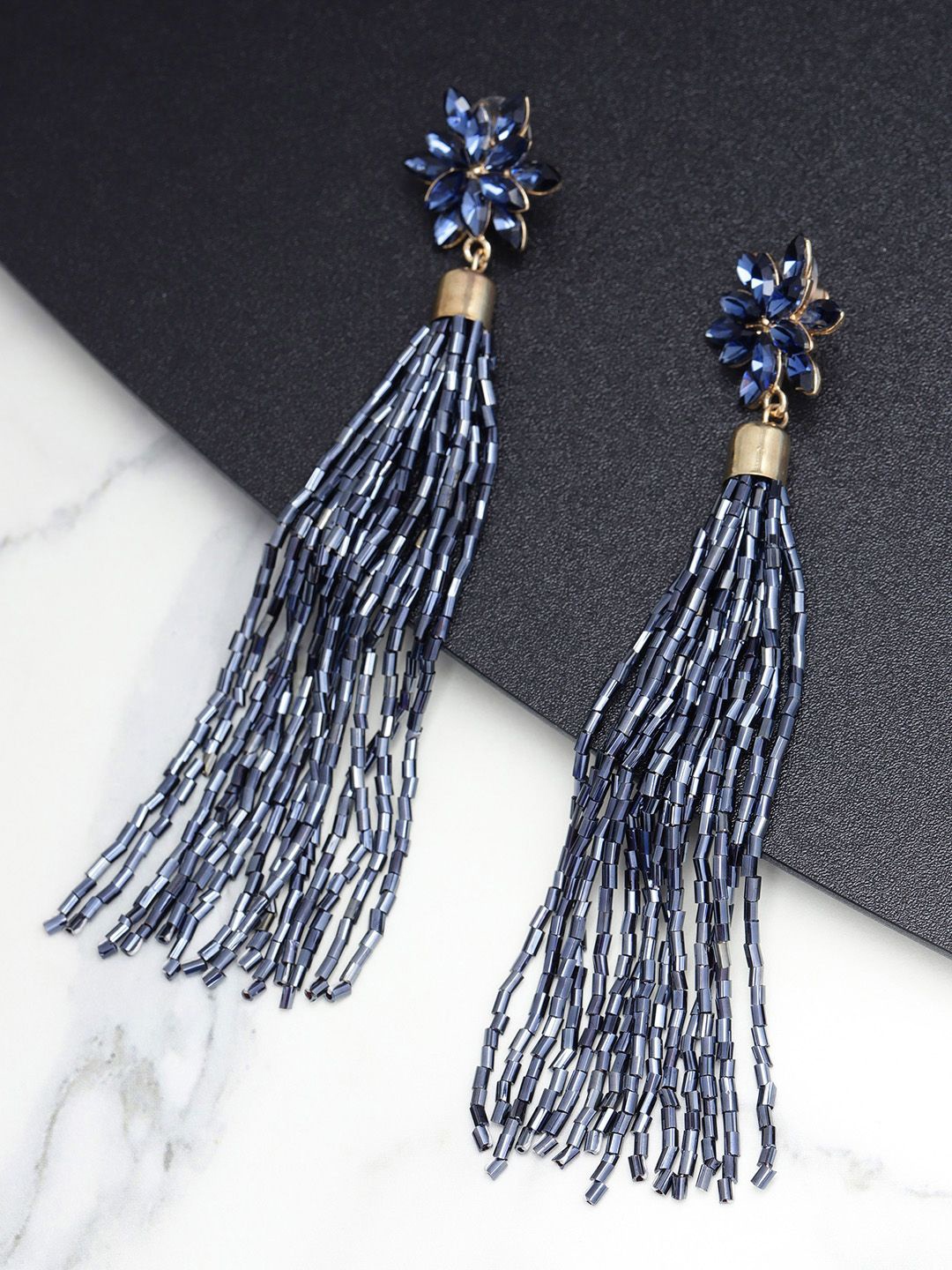 

DIVASTRI Gold-Plated Artificial Stones Studded Contemporary Tasselled Drop Earrings, Navy blue