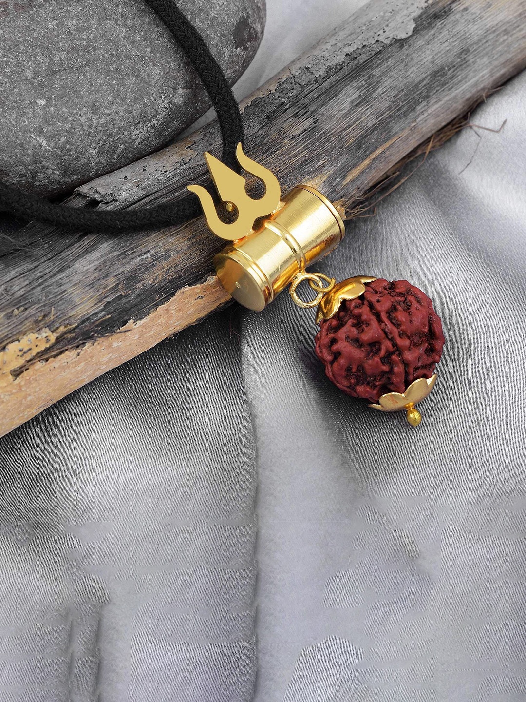

MEMOIR Men Gold-Plated Rudraksh Beaded Damru Trishul Chain