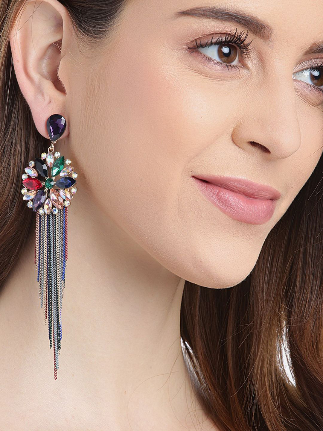 

DIVASTRI Gold-Plated Artificial Stones Studded Floral Shaped Tasselled Drop Earrings, Purple