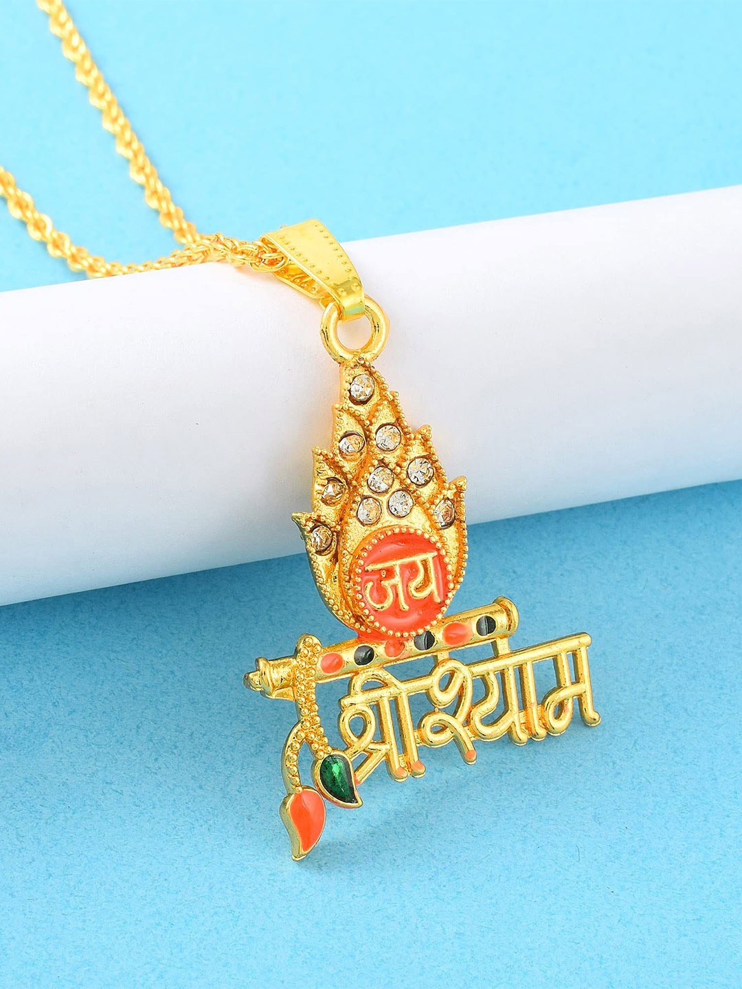 

MEMOIR Gold-Plated Cubic Zircon Studded Jai Shri Shyam Pendant With Chain