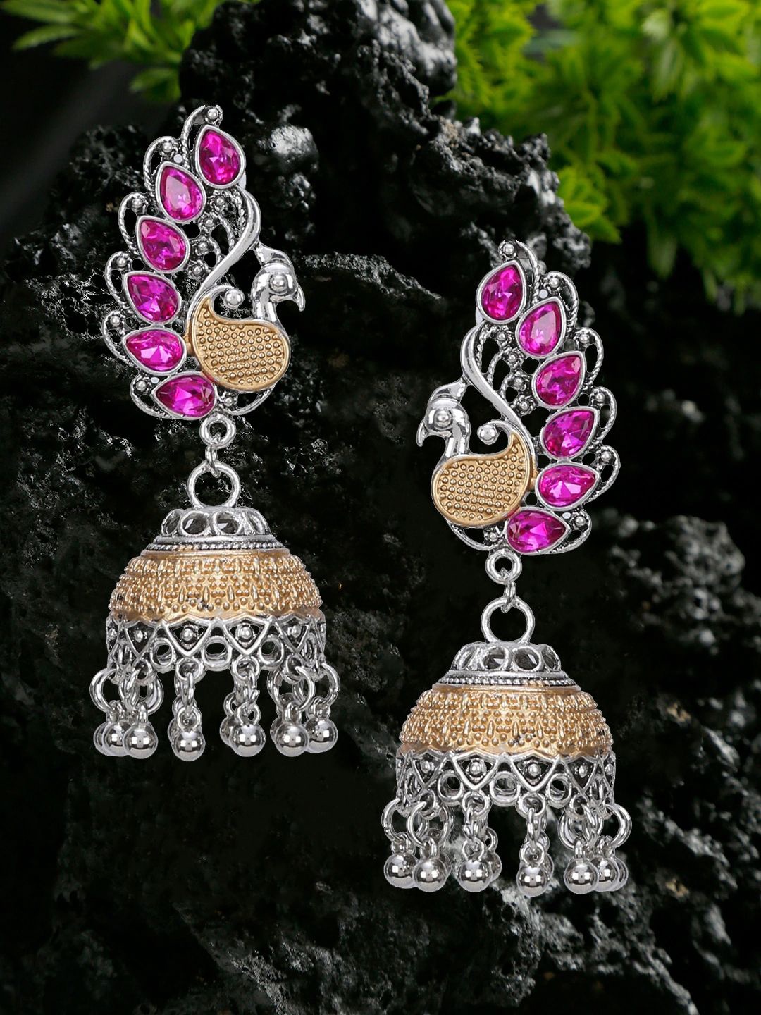 

DIVASTRI Oxidised Artificial Stones Studed And Beaded Peacock Jhumkas Earrings, Silver